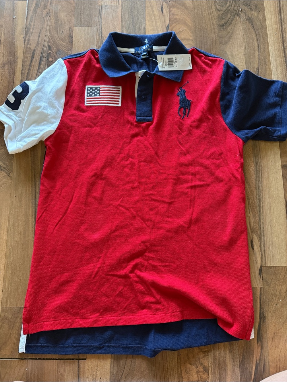 Ralph Lauren Polo Red, Navy & White Polo Shirt with American Flag Patch